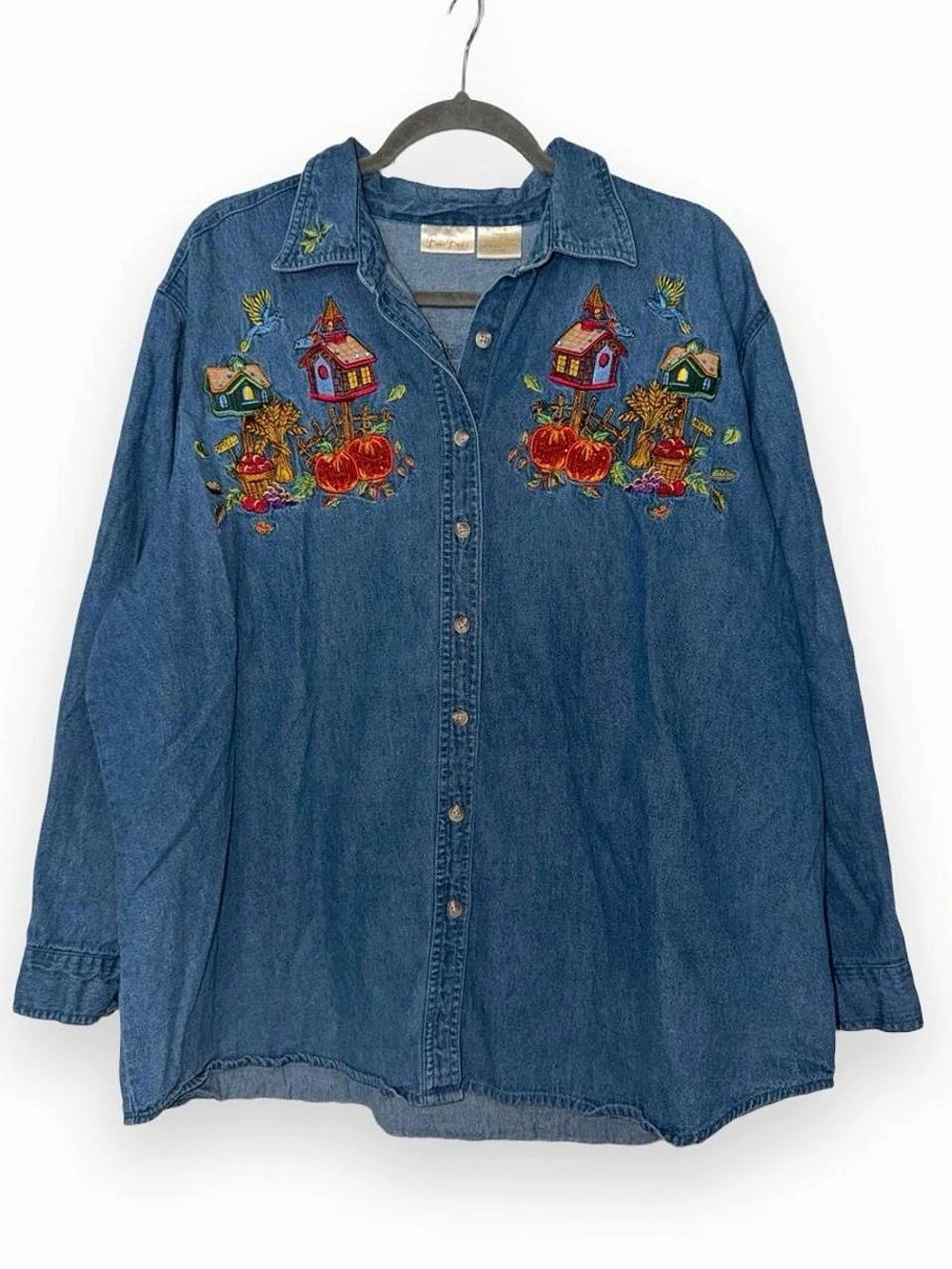 Vintage fall pumpkin patch embroidered denim button down shirt size XXL